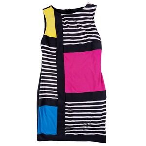 Joseph Ribkoff Color block Bodycon Dress Black Pink Yellow Blue Stripe Size 10
